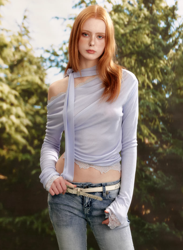 Luminous Tencel Lace-Tie One-Shoulder Knit Top