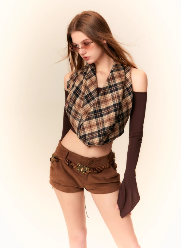 Retro Charm Plaid Halter Knit Top