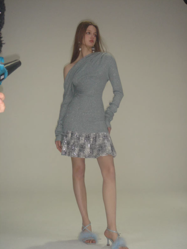 Starlight Cascade Asymmetric Knit Pleated Dress