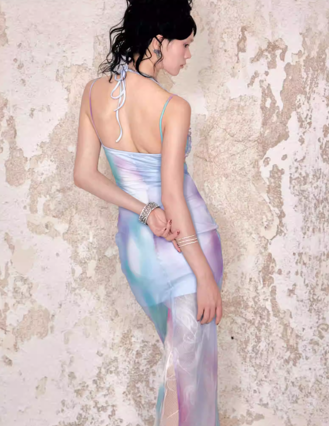 Sapphire Veil Pearlchain Mesh Fusion Dress