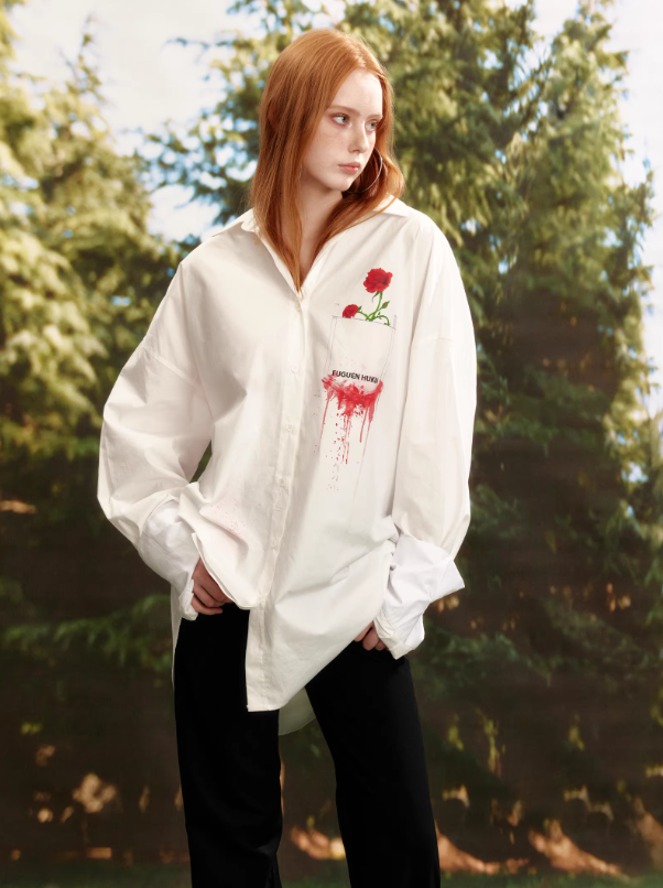Crimson Phantom Rose Oversized Shirt