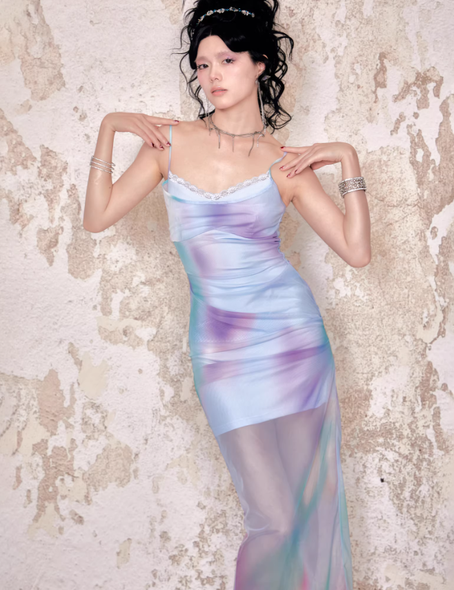 Aurora Drift Printed Mesh-Knit Strap Dress